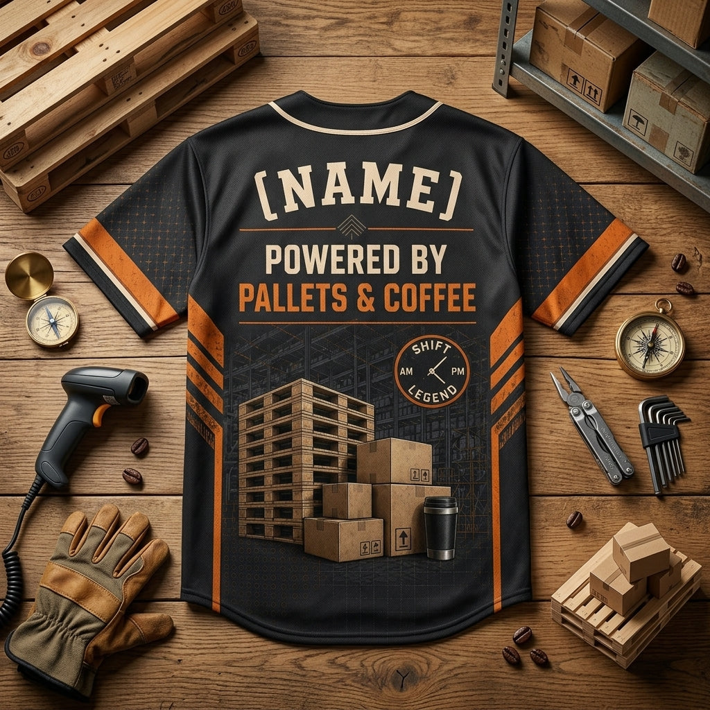 Personalized Warehouse Legend Baseball Jersey - Custom Name Logistics Gift Powered by Pallets and Coffee - baseball jersey product view 5