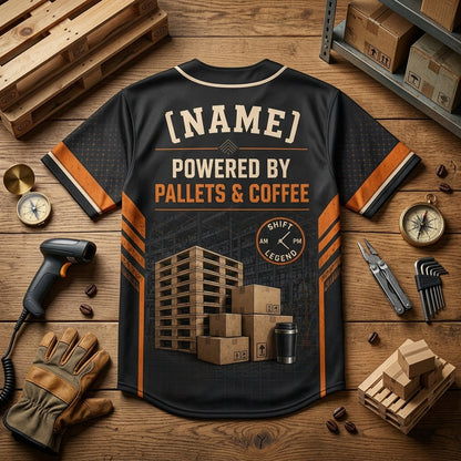 Personalized Warehouse Legend Baseball Jersey - Custom Name Logistics Gift Powered by Pallets and Coffee - baseball jersey product view 5