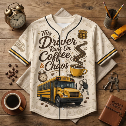 Personalized School Bus Driver Baseball Jersey - Custom Name & Number Coffee and Chaos Shirt