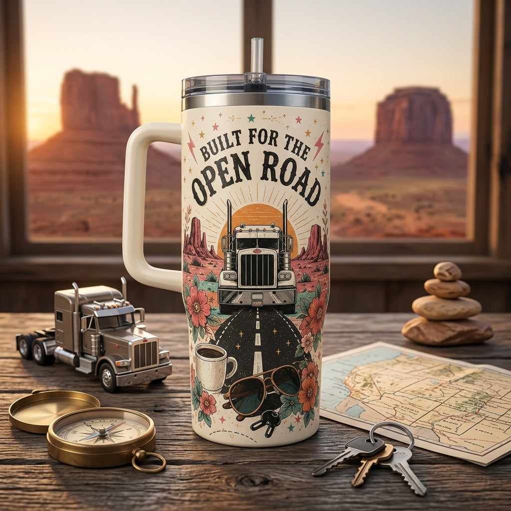 Personalized She Drives the Big Rig 40oz Tumbler with Handle, Custom Name Female Trucker Gift