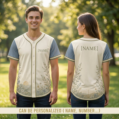 Personalized Wildflower & Sunrise Faith Baseball Jersey - Custom Name Nature Inspired Christian Button-Up Shirt