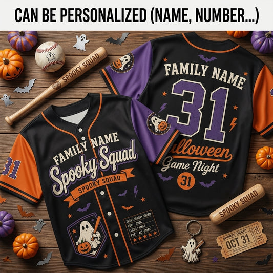 Personalized Spooky Squad Halloween Baseball Jersey - Custom Family Name and Number Ghost Jersey