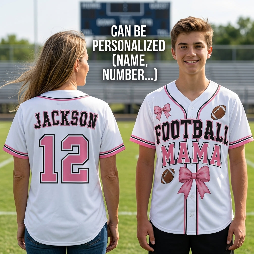 Personalized Football Mama Baseball Jersey - Custom Name and Number White & Pink Athletic Shirt for Moms
