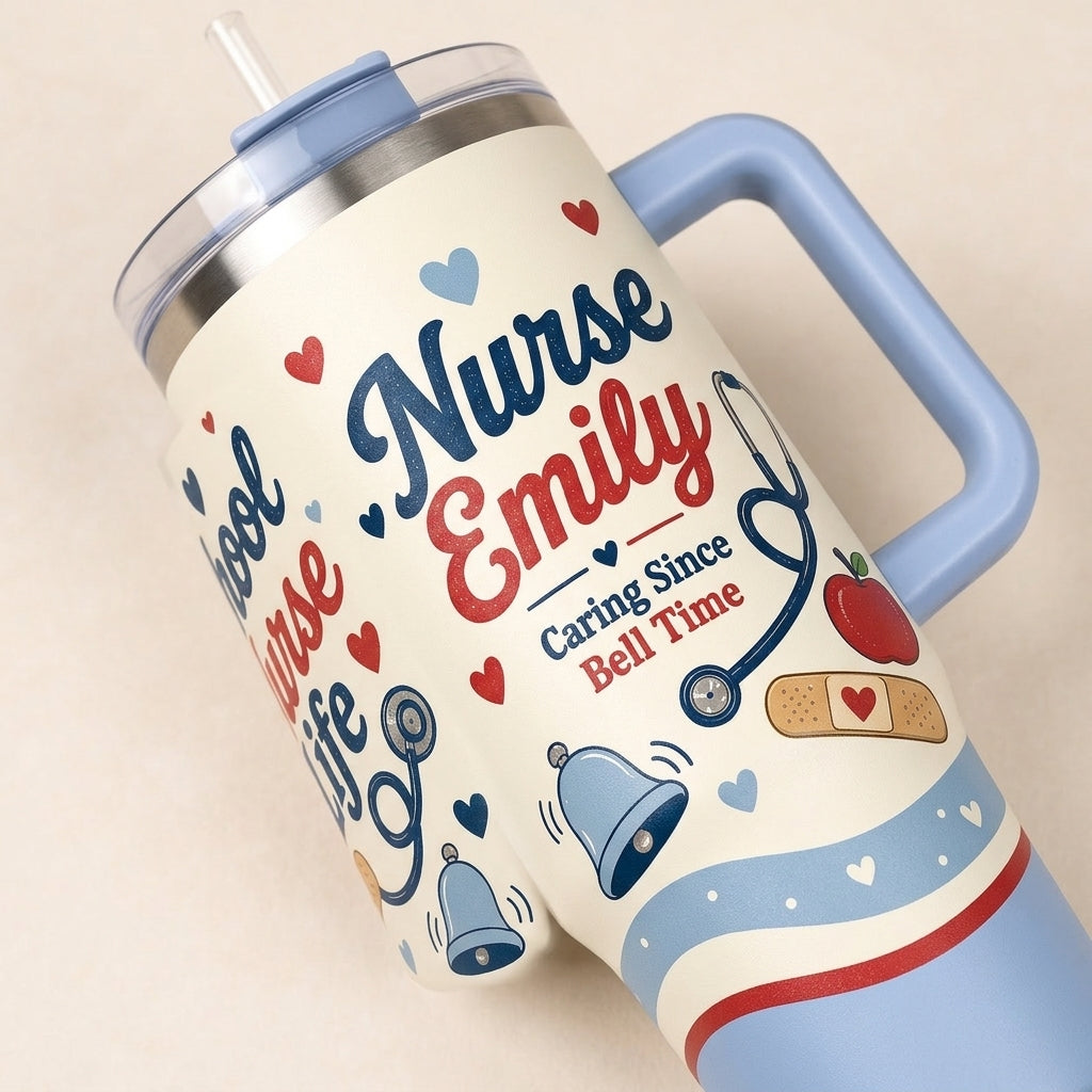 Personalized School Nurse Life 40oz Tumbler with Handle - Custom Name Nurse Gift with Stethoscope & Apple Design