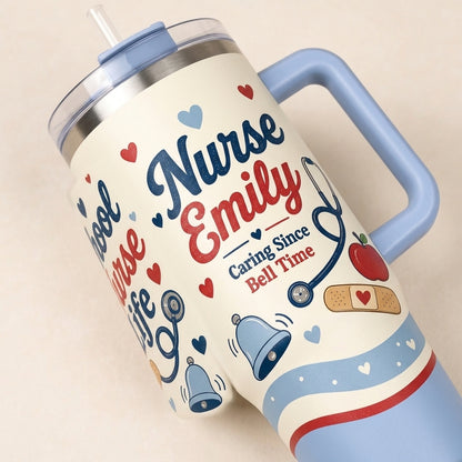 Personalized School Nurse Life 40oz Tumbler with Handle - Custom Name Nurse Gift with Stethoscope & Apple Design