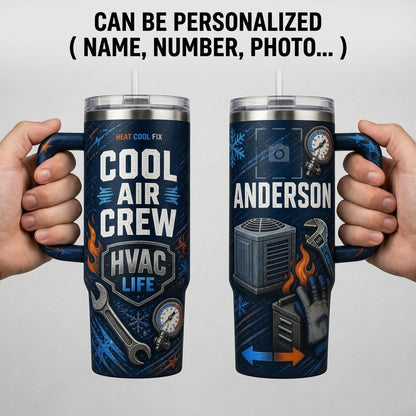 Personalized HVAC Technician 40oz Tumbler with Handle - Custom Name Cool Air Crew HVAC Life Gift