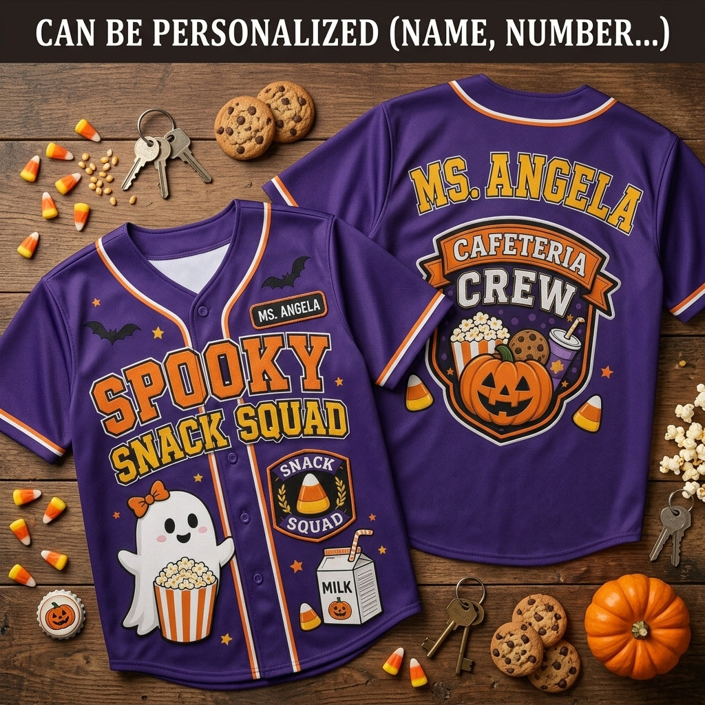 Personalized Spooky Snack Squad Baseball Jersey - Custom Name Halloween Cafeteria Crew Team Shirt