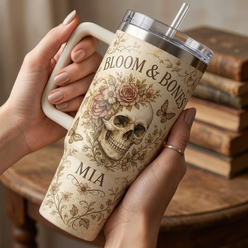 Personalized Bloom & Bones Skull Floral 40oz Tumbler with Handle - Custom Name Vintage Gothic Gift