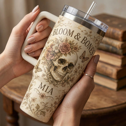 Personalized Bloom & Bones Skull Floral 40oz Tumbler with Handle - Custom Name Vintage Gothic Gift
