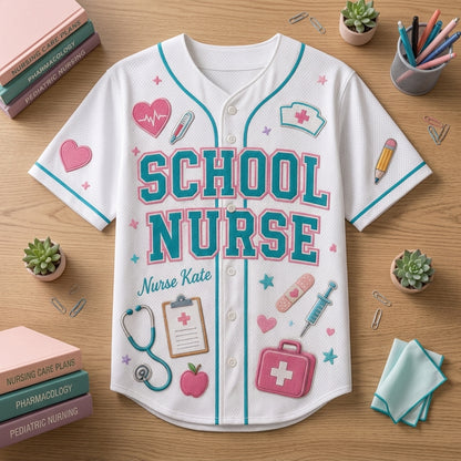 Personalized School Nurse Baseball Jersey - Custom Name and Number RN Medical Team Shirt - White Athletic Jersey