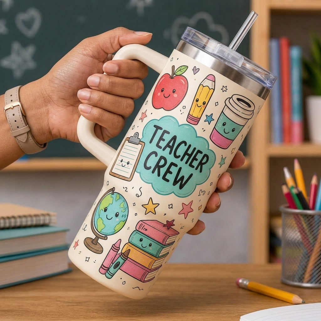 Teacher Crew Personalized 40oz Tumbler with Handle - Cute Kawaii School Supplies Design Gift for Teachers & Educators