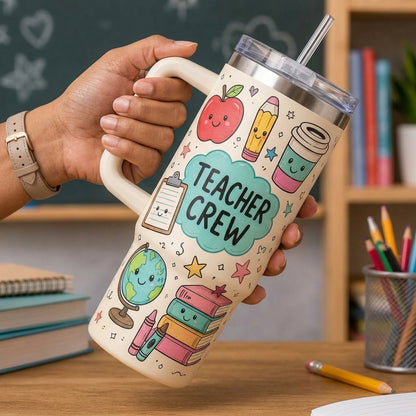 Teacher Crew Personalized 40oz Tumbler with Handle - Cute Kawaii School Supplies Design Gift for Teachers & Educators