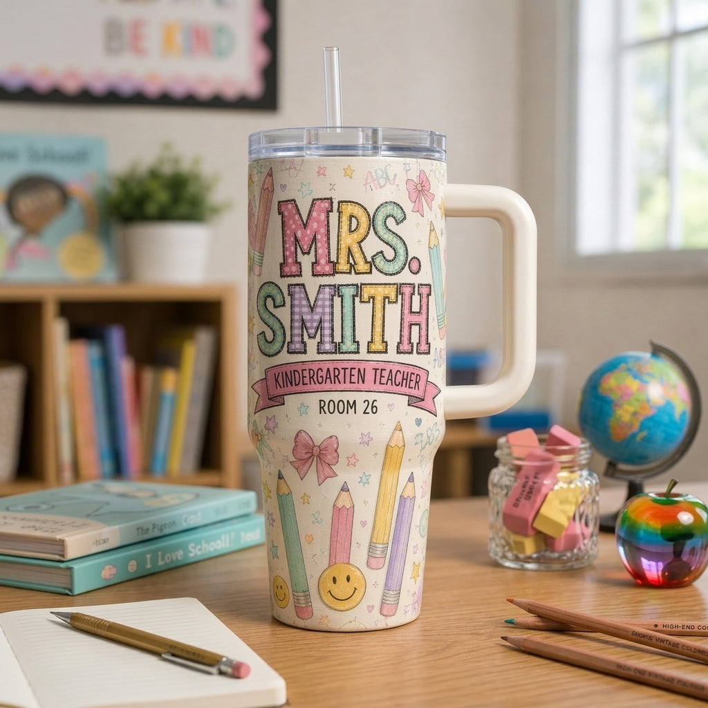 Personalized Teacher 40oz Tumbler with Handle - Custom Name & Grade Kindergarten Teacher Gift