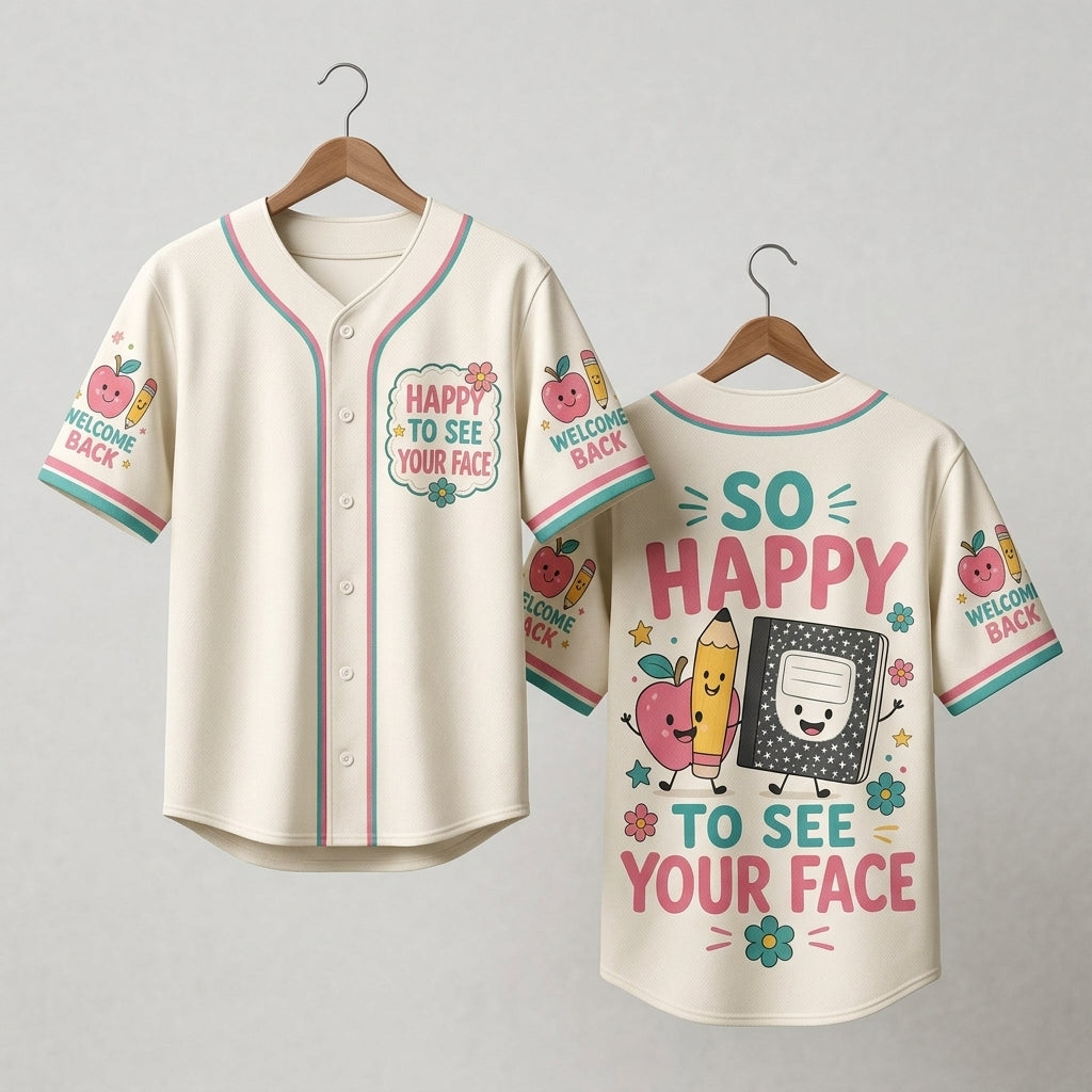 Personalized Teacher Baseball Jersey - So Happy To See Your Face Welcome Back School Shirt - Custom Educator Sports Top