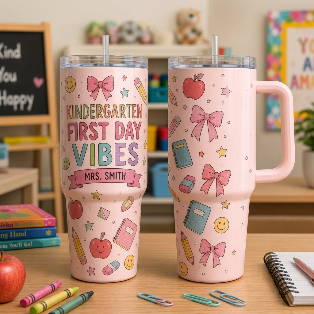 Personalized Kindergarten Teacher 40oz Tumbler with Handle - Custom First Day Vibes School Gift