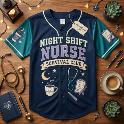 Personalized Night Shift Nurse Survival Club Baseball Jersey - Custom Name Nursing Crew Gift