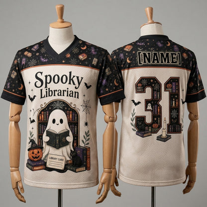 Personalized Spooky Librarian Halloween Football Jersey - Custom Name Ghost Reading Jersey