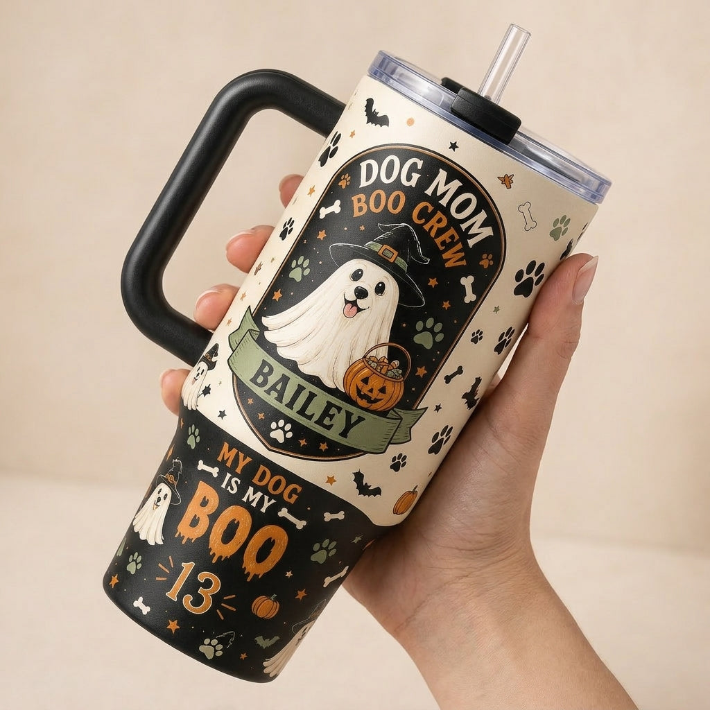 Personalized Dog Mom Boo Crew Halloween 40oz Tumbler with Handle - Custom Ghost Dog Name Travel Mug