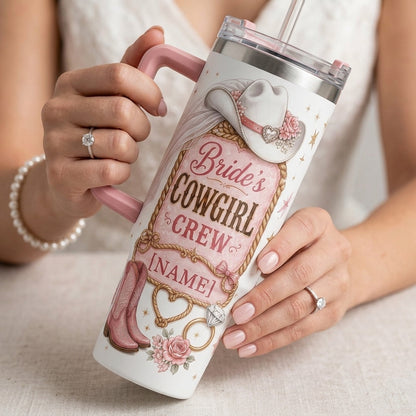 Personalized Bride's Cowgirl Crew 40oz Tumbler with Handle - Custom Western Bachelorette Gift
