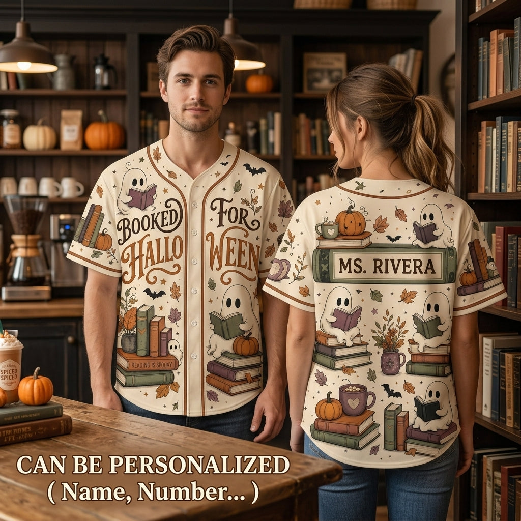 Personalized Booked For Halloween Baseball Jersey - Custom Name Reading Ghost Teacher & Librarian Shirt
