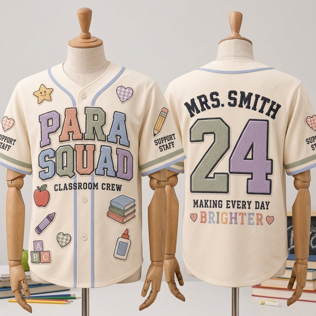 Personalized Para Squad Baseball Jersey - Custom Name & Number Teacher Classroom Crew Shirt - School Support Staff Gift