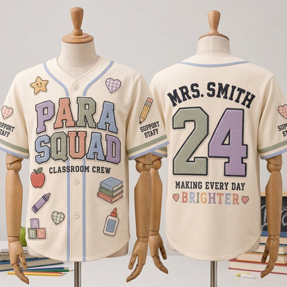 Personalized Para Squad Baseball Jersey - Custom Name & Number Teacher Classroom Crew Shirt - School Support Staff Gift