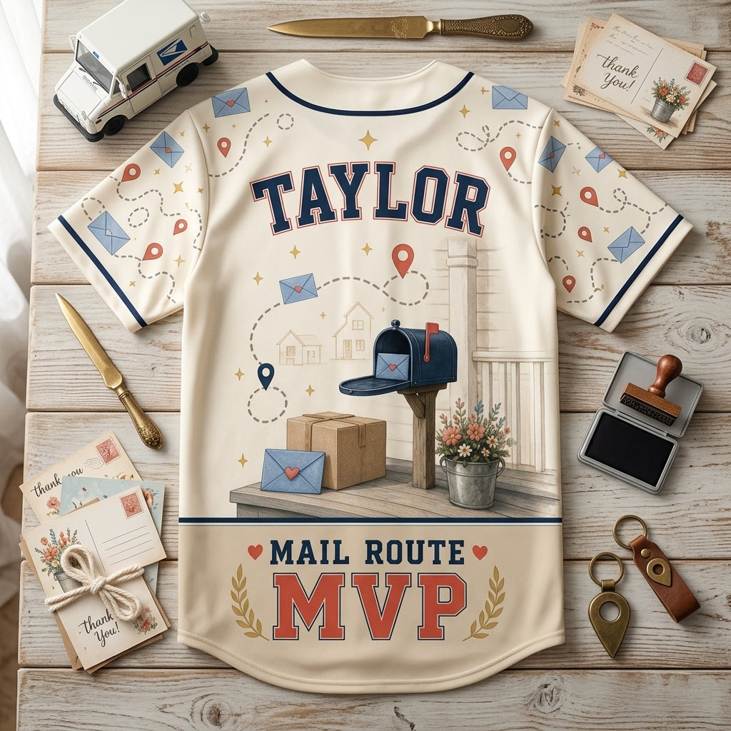 Personalized Mail Route MVP Baseball Jersey - Custom Name Postal Worker Gift, Delivering Joy All-Over Print Jersey