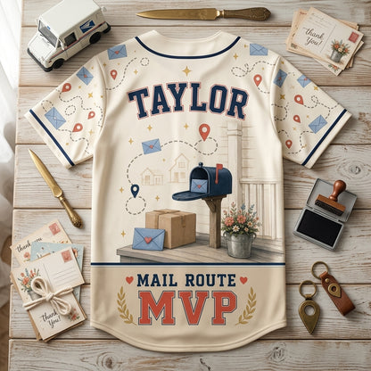 Personalized Mail Route MVP Baseball Jersey - Custom Name Postal Worker Gift, Delivering Joy All-Over Print Jersey