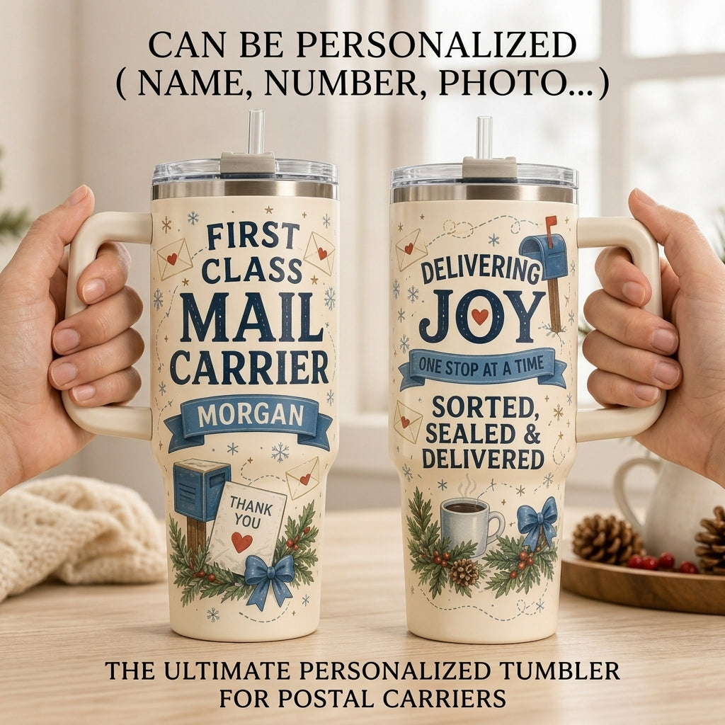 Personalized Mail Carrier 40oz Tumbler with Handle - Custom Postal Worker Gift - Delivering Joy Holiday Travel Mug