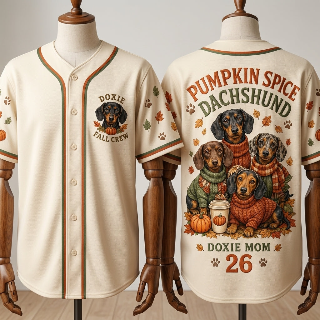 Personalized Pumpkin Spice Dachshund Baseball Jersey - Custom Doxie Mom Fall Name and Number Jersey