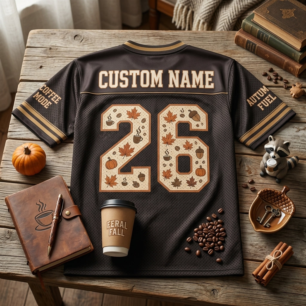 Personalized Feral Fall Raccoon Football Jersey - Custom Name & Coffee Mode Autumn Apparel