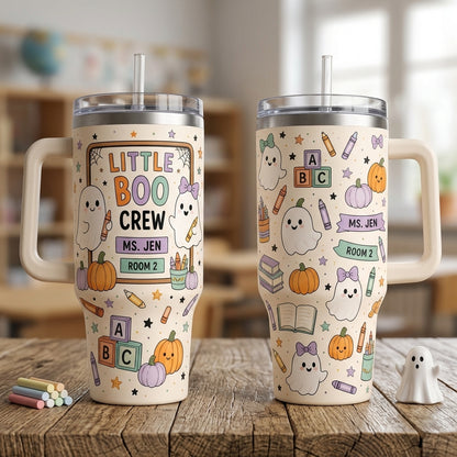 Personalized Little Boo Crew Teacher Halloween 40oz Tumbler with Handle - Custom Name & Room