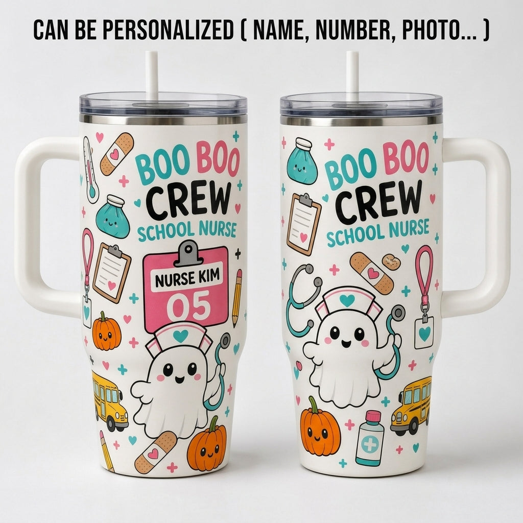 Personalized Boo Boo Crew School Nurse 40oz Tumbler with Handle, Cute Ghost Halloween Medical Gift for Pediatric Nurses