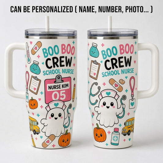 Personalized Boo Boo Crew School Nurse 40oz Tumbler with Handle, Cute Ghost Halloween Medical Gift for Pediatric Nurses