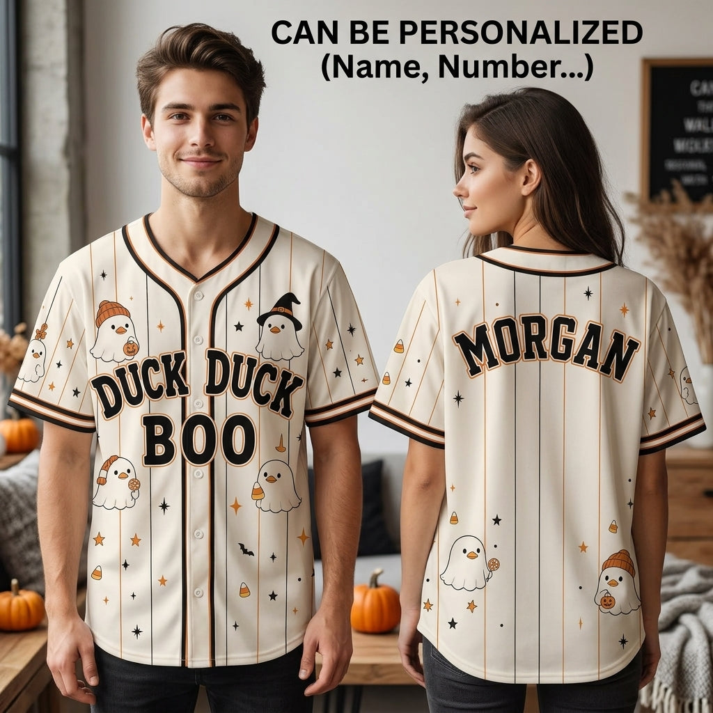 Personalized Duck Duck Boo Halloween Baseball Jersey - Custom Name Cute Ghost Duck Pinstripe Sporty Outfit