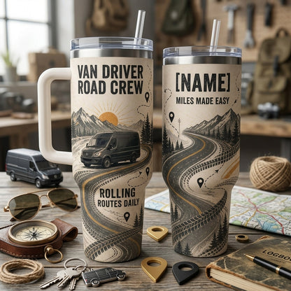 Personalized Van Driver Road Crew 40oz Tumbler with Handle - Custom Name Delivery Driver Gift