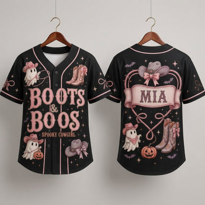 Personalized Boots & Boos Spooky Cowgirl Halloween Baseball Jersey - Custom Name Pink Ghost Western Shirt