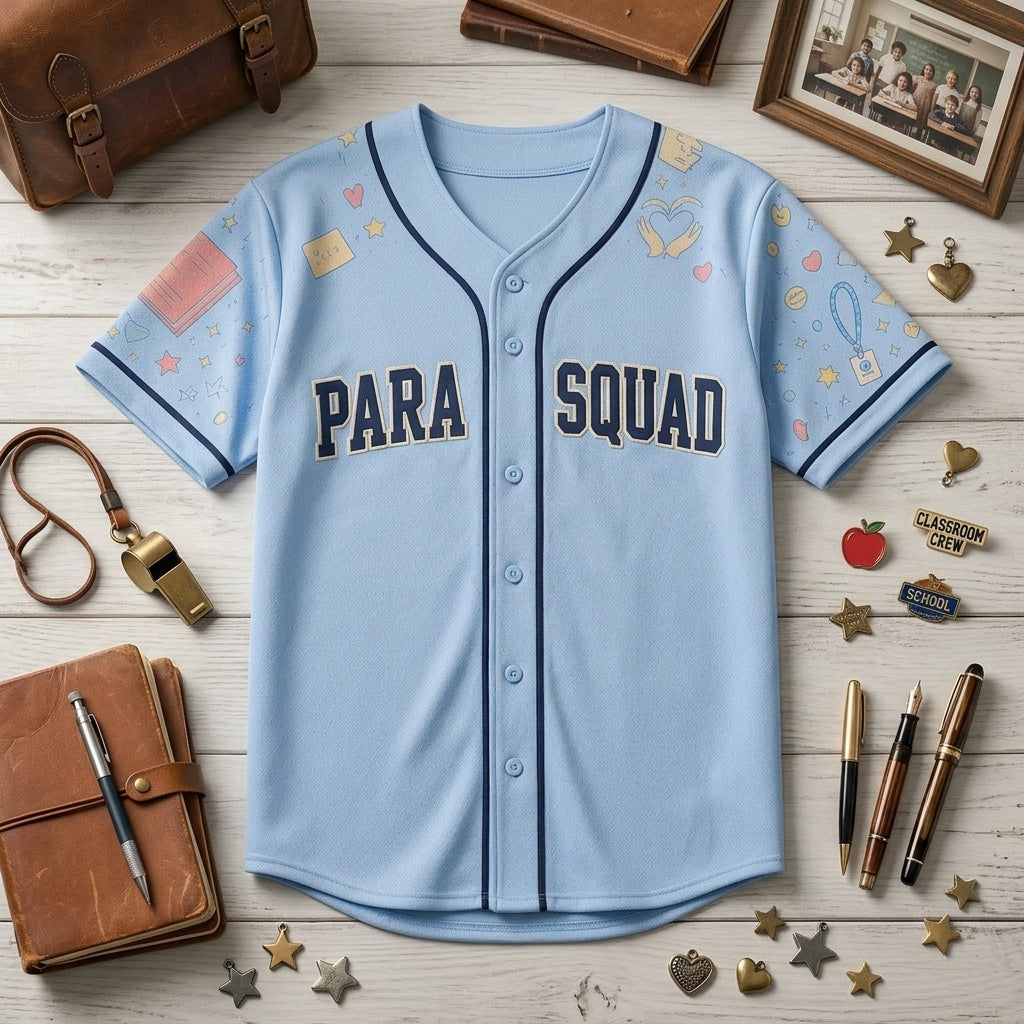 Personalized Para Squad Baseball Jersey - Custom Classroom Crew School Staff Shirt - Light Blue Teacher Spirit Wear
