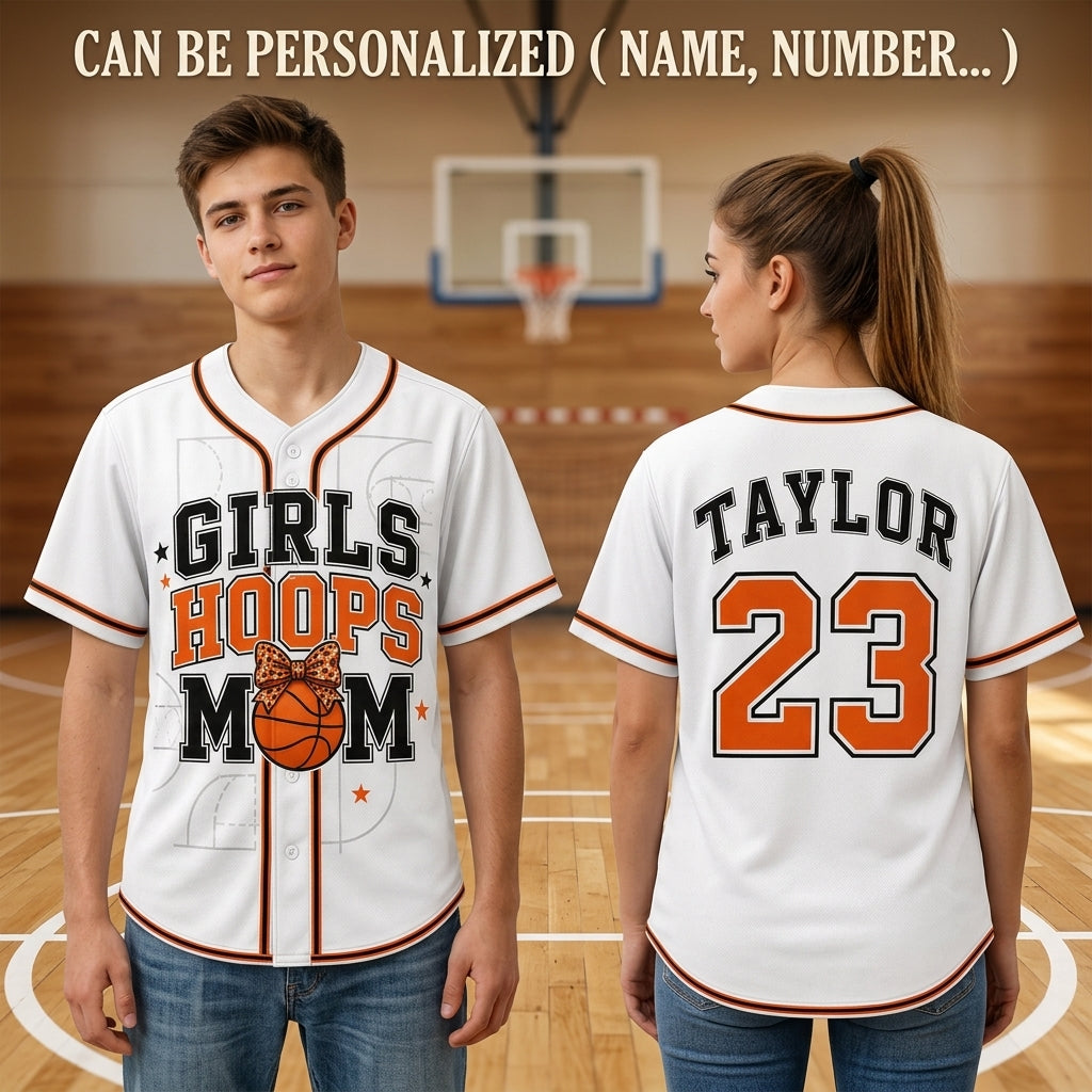 Personalized Girls Hoops Mom Baseball Jersey - Custom Name and Number Basketball Fan Gear