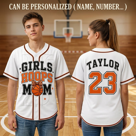 Personalized Girls Hoops Mom Baseball Jersey - Custom Name and Number Basketball Fan Gear