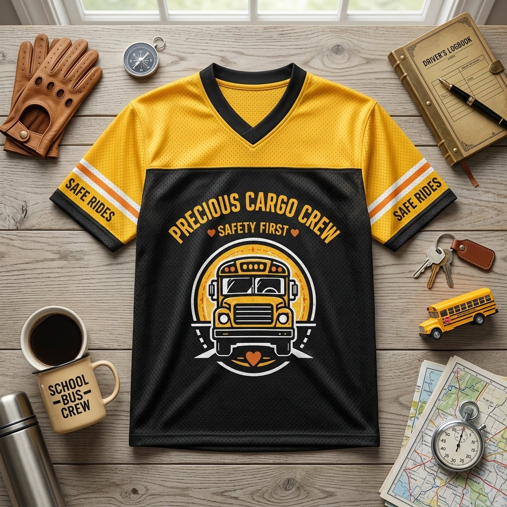 Personalized School Bus Driver Football Jersey - Custom Name & Number Precious Cargo Crew Mesh Shirt