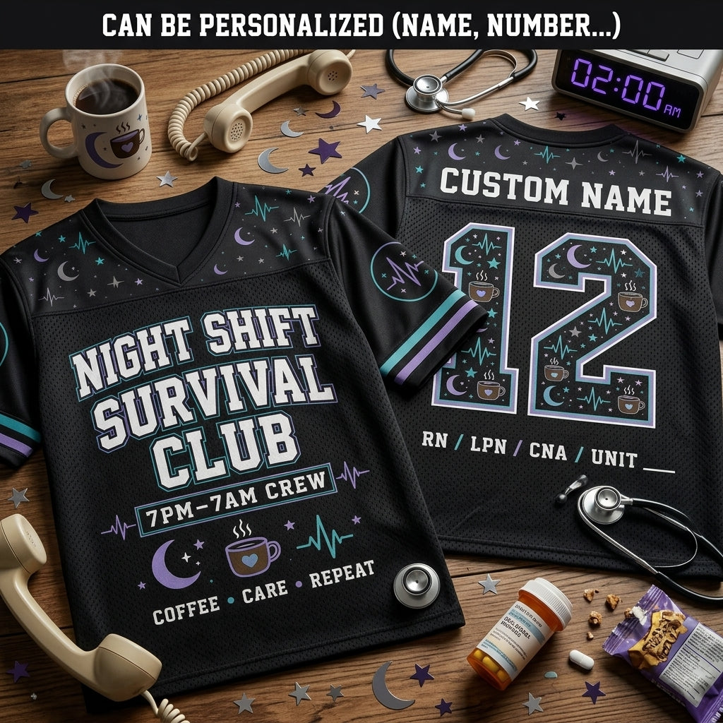 Personalized Night Shift Survival Club Football Jersey - Custom Name & Number Nurse Gift for RN LPN CNA