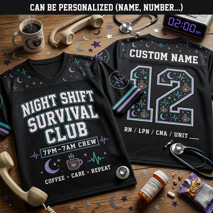 Personalized Night Shift Survival Club Football Jersey - Custom Name & Number Nurse Gift for RN LPN CNA