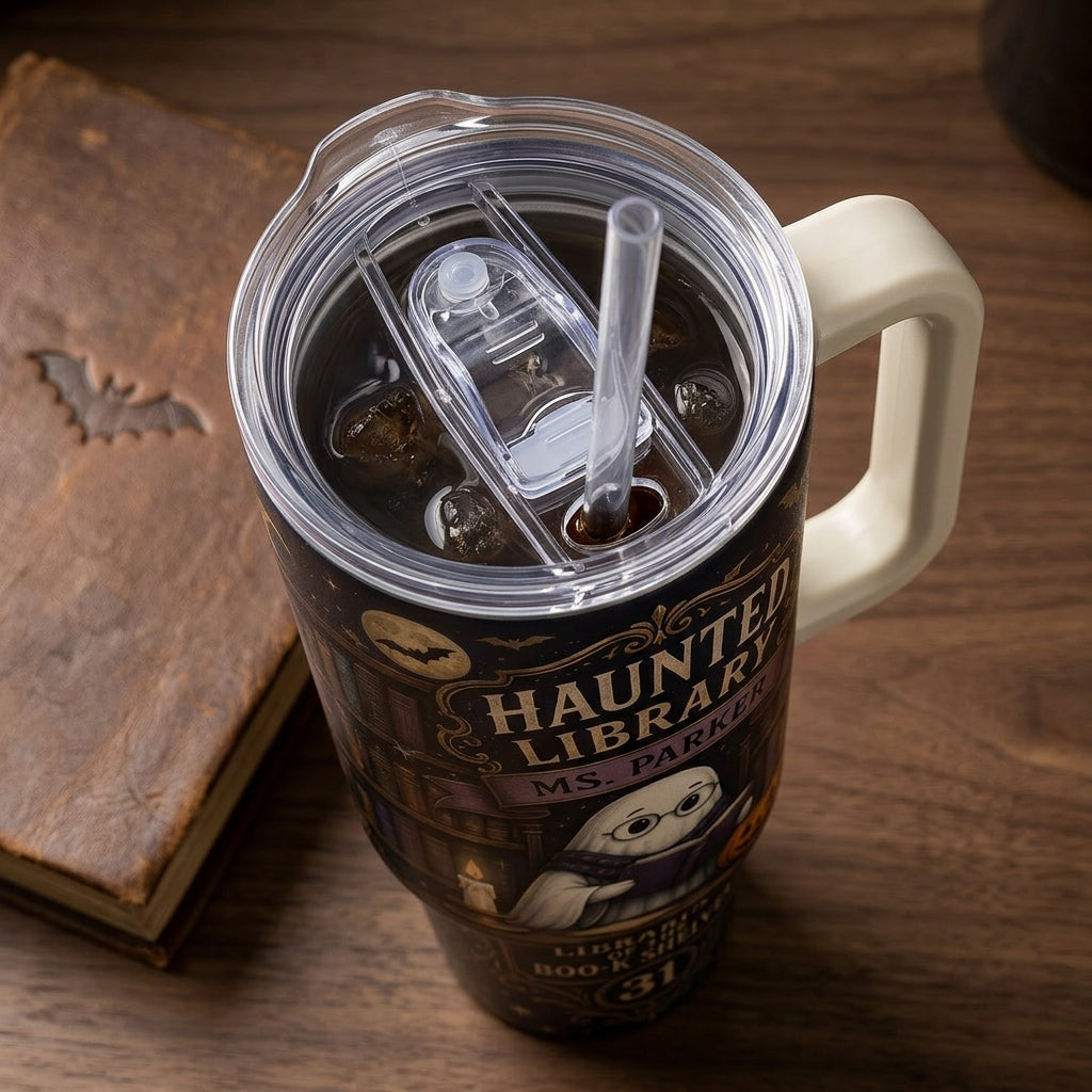 Personalized Haunted Library 40oz Tumbler with Handle, Custom Librarian Book Lover Halloween Gift