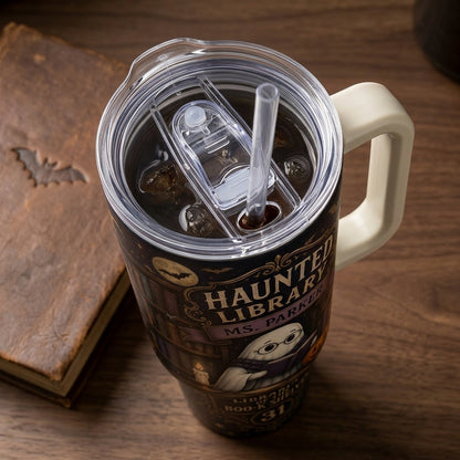 Personalized Haunted Library 40oz Tumbler with Handle, Custom Librarian Book Lover Halloween Gift