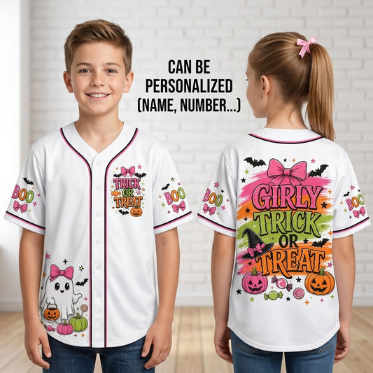 Girly Trick or Treat Halloween Baseball Jersey - Cute Ghost & Pink Pumpkin Spooky Season Shirt