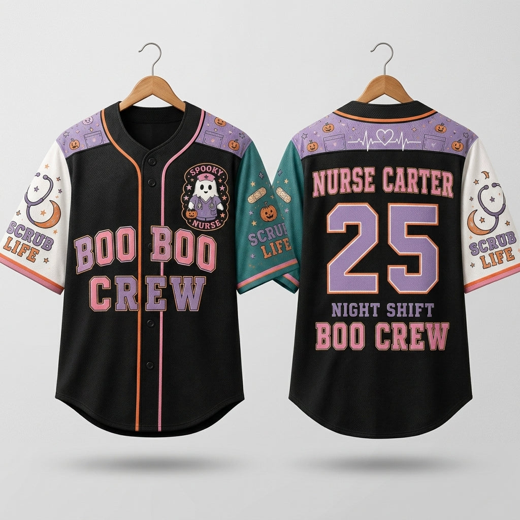 Personalized Nurse Boo Boo Crew Baseball Jersey - Custom Spooky Halloween Scrub Life Night Shift Sportswear