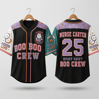 Personalized Nurse Boo Boo Crew Baseball Jersey - Custom Spooky Halloween Scrub Life Night Shift Sportswear