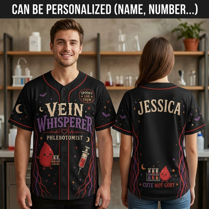 Personalized Vein Whisperer Phlebotomist Baseball Jersey - Custom Name Spooky Lab Crew Healthcare Gift