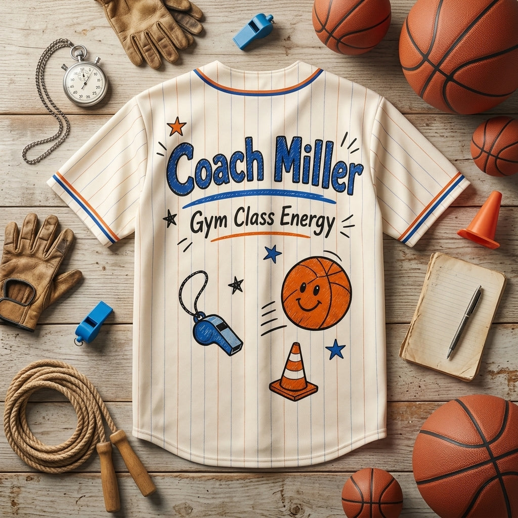 Personalized PE Teacher Crew Baseball Jersey - Custom Coach Name Gym Class Energy Shirt - Unisex Pinstripe Jersey